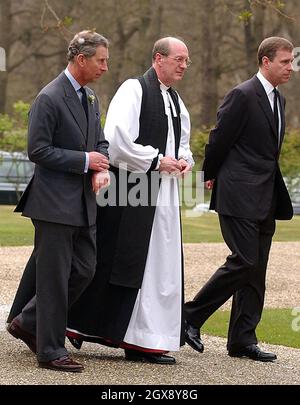 The Prince of Wales and the Duke of York arrive with the Dean of Windsor Right Reverend David Conner to join other members of the Royal family for evensong Sunday March 31, 2002, at the Royal Chapel of All Saints, close to Royal Lodge, the Windsor home of Queen Elizabeth, the Queen Mother.  Stock Photo