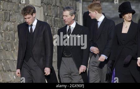 Members of the Royal family - from left - Prince William, the Duke of York, the Prince of Wales, Prince Harry and Sophie, Countess of Wessex arrive at Windsor Castle for the funeral of Princess Margaret Friday February 15, 2002, following her death, aged 71, last week. Some 400 friends and staff were expected at the service. Princess Margaret, the younger sister of Britain's Queen Elizabeth II. See PA story ROYAL Funeral. PA Photo: Fiona Hanson Rota.   * Note to editors (not for publication): Photographers have been asked to not to take close-up pictures of Princess Margaret's children and you Stock Photo