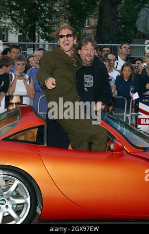 Paul Kaye and Johnny Vegas arrive by car to the film premiere of 'BLACKBALL' in Leicester Square. Stock Photo