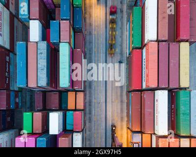 A drone view of the Kwai Chung container port in Hong Kong. Stock Photo