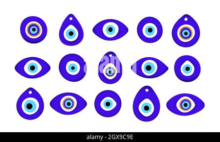 Blue oriental evil eye symbol amulet flat style design vector illustration set isolated on white background. Stock Vector