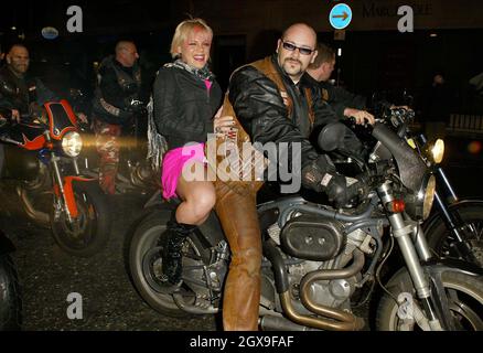 Pink arrived with a gang of bikers to her launch party for the  album Try This. The event took place at the Sanderson Hotel in London. Stock Photo