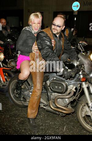 Pink arrived with a gang of bikers to her launch party for the  album Try This. The event took place at the Sanderson Hotel in London. Stock Photo