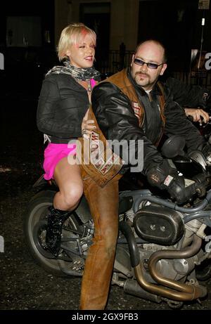 Pink arrived with a gang of bikers to her launch party for the  album Try This. The event took place at the Sanderson Hotel in London. Stock Photo