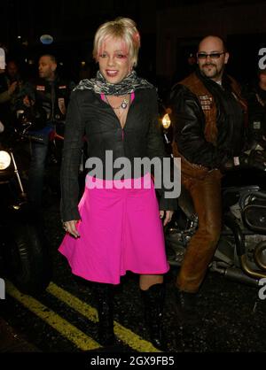 Pink arrived with a gang of bikers to her launch party for the  album Try This. The event took place at the Sanderson Hotel in London. Stock Photo