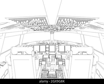 The contour of the aircraft cockpit from the inside from black lines isolated on a white background. Vector illustration. Stock Vector