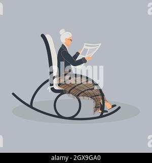 Elderly cute woman is sitting in a rocking chair.Old lady covered her feet with checked woollen plaid.Cartoon granny is reading newspaper in a comfort Stock Vector