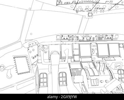 The contour of the aircraft cockpit from the inside from black lines isolated on a white background. Vector illustration. Stock Vector