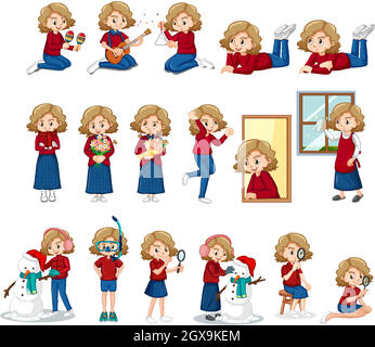 Set of cute girl doing different activities Stock Vector