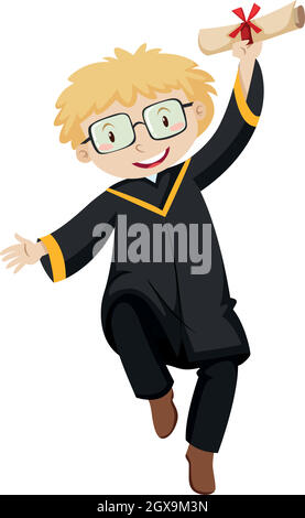 Man in black graduation gown holding degree Stock Vector