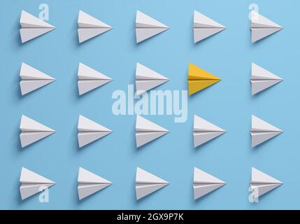 Change concepts with yellow paper airplane leading among white on blue background. Individuality concept. 3d rendering. Stock Photo