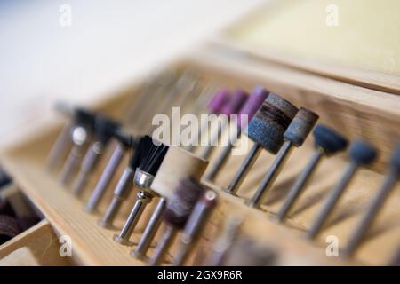 set of precision tools for woodworking industry CNC cutters and drills Stock Photo
