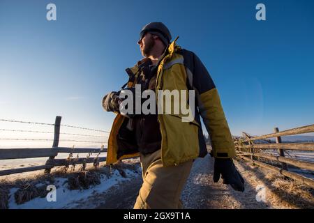 young photographer enjoying beautiful nature while walking on country road during sunny winter day Stock Photo