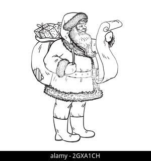 Santa Claus is reading a letter. Santa Claus carries a bag with gifts, stock vector illustration. Stock Vector