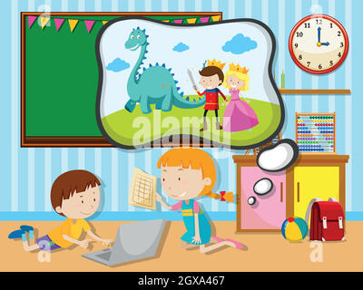 Boy and girl working in the classroom Stock Vector