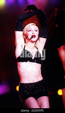Madonna Performing live on stage during her Girlie Show tour. Stock Photo