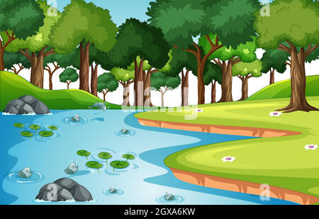 Nature forest landscape scene with many fishes in the stream Stock Vector