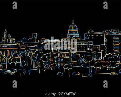 Colorful Havana Cuba Panorama Drawing on black. Well crafted vector sketch für private and commercial use. Stock Vector