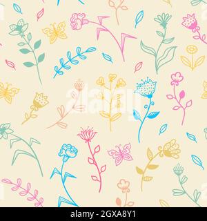 Seamless pattern with abstract modern flowers and butterflies. Stock vector illustration. Stock Vector