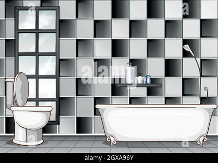 Bathroom with black and white tiles Stock Vector