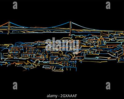 Colorful Lisbon Panorama Drawing on black. Well crafted vector sketch for private and commercial use. Stock Vector