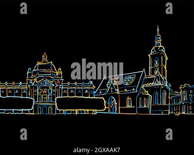 Colorful Zagreb Croatia Panorama Drawing on black. Well crafted vector sketch für private and commercial use. Stock Vector