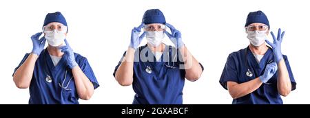 Set of Doctors or Nurses Wearing Personal Protective Equipment Isolated on White Background. Stock Photo
