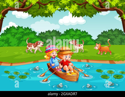 Children row the boat in the stream forest scene on white background ...