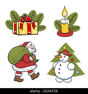 Santa Claus carries a bag with gifts isolated on white background. Color sticker.Hand drawing snowman with hat,carrot and christmas tree,xmas candle Stock Vector