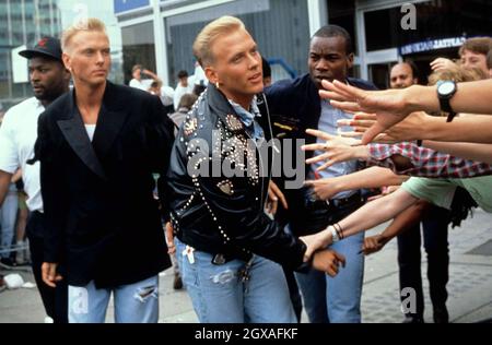 Luke and Matt Goss from Bros greeting fans in London.  Stock Photo