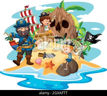 Ocean scene with pirate and children on treasure island Stock Vector