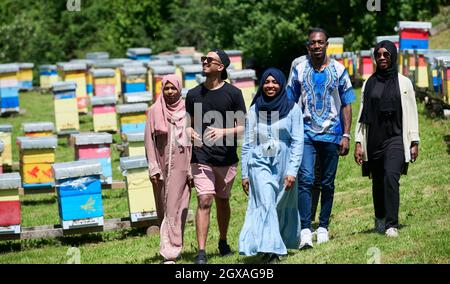 african muslim people group visiting local honey production farm Stock Photo