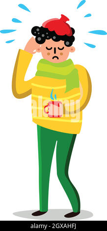 Sick Man With High Temperature And Headache Vector Stock Vector