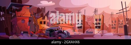 Destroyed city after natural disaster or earthquake. Abandoned buildings with smoke, ruins, broken road and street cartoon vector illustration. Destruction cityscape with cracks and damage to houses. Stock Vector