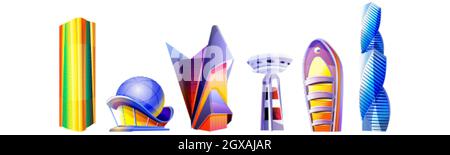 Cartoon set futuristic buildings unusual shapes with glass facade and domes isolated on white background. Future city. Modern style skyscrapers and architecture towers. Alien urban cityscape design. Stock Vector
