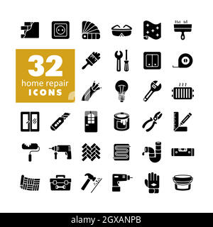 Set of building construction and home repair vector glyph icons Stock Vector