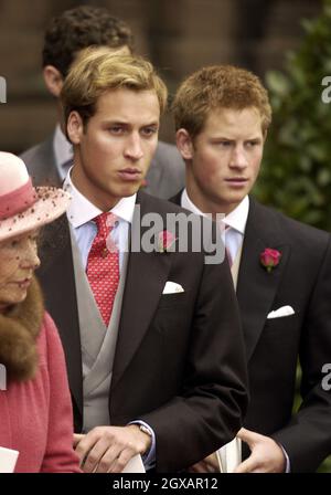 Prince William and Harry attending the wedding of their freind Edward Van Cutsem and Lady Tamara Grosvenor, the eldest daughter of the Duke Of Westminster, took place at Chester Cathedral.  Stock Photo