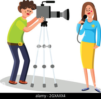 Cameraman Character Shoots Reporter Report Vector Illustration Stock Vector