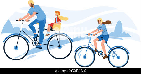 Bicyclists Family Riding Together In Park Vector Stock Vector