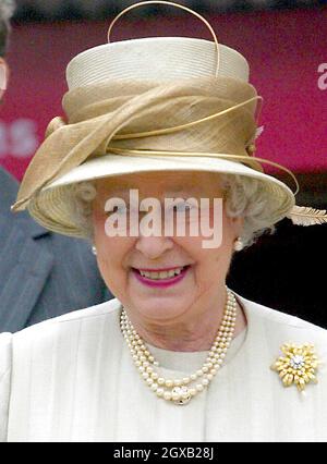 Britain's Queen Elizabeth II smiles as she leaves the Churchill Museum at The Cabinet War Rooms in London February 10, 2005. In response to Prince Charles' revelation on Thursday that he would marry his long-time lover Camilla Parker Bowles at Windsor Castle on April 8, 2005, the Queen and Prince Philip stated that they offered the couple 'their warmest good wishes for their future together.'     Anwar Hussein/allactiondigital.com  Stock Photo