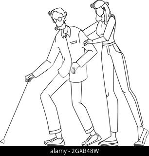 Caregiver Nurse With Elderly Man Walking Vector Stock Vector