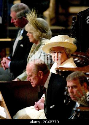 The Prince of Wales and his new bride the Duchess of Cornwall with Britain's Queen Elizabeth and the Duke of Edinburgh during the Service of Prayer and Dedication in St George's Chapel, Windsor Castle, Saturday April 9, 2005. Anwar Hussein/allactiondigital.com   Stock Photo