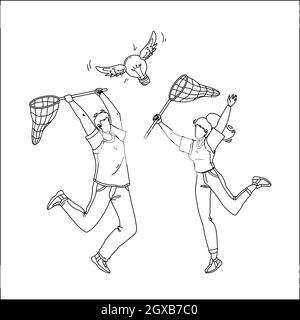 Catching Idea With Net Man And Woman People Vector Stock Vector
