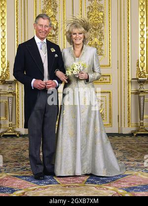 The Prince of Wales and his new bride Camilla, Duchess of Cornwall in the White Drawing Room at Windsor Castle Saturday April 9 2005, after their wedding ceremony.  Rota/Anwar Hussein Collection/allactiondigital.com   Stock Photo