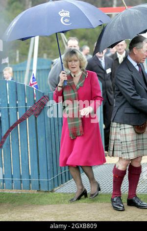 Royal couple Prince Charles and Camilla, Duchess of Cornwall(known as the Duchess of Rothesay in Scotland) take time out from their honeymoon at Birkhall on the Queen's Aberdeenshire estate to undertake their first joint official engagement opening Monaltrie Park children's playground in Ballater near Balmoral on April 14, 2005 in Aberdeenshire, Scotland.  Anwar Hussein/allactiondigital.com  *** Local Caption *** Prince Charles; Duchess Of Rothesay  Stock Photo