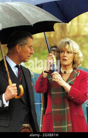 Royal couple Prince Charles and Camilla, Duchess of Cornwall (known as the Duchess of Rothesay in Scotland) take time out from their honeymoon at Birkhall on the Queen's Aberdeenshire estate to undertake their first joint official engagement opening Monaltrie Park children's playground in Ballater near Balmoral on April 14, 2005 in Aberdeenshire, Scotland.  Anwar Hussein/allactiondigital.com  *** Local Caption *** Prince Charles; Duchess Of Rothesay  Stock Photo