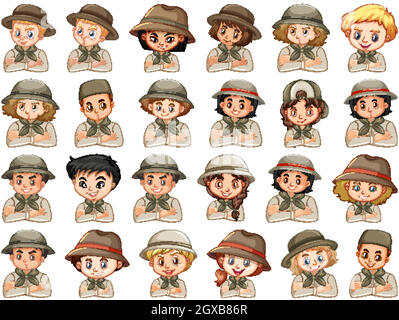 Set of different characters of boys and girls scout costume on a white background Stock Vector