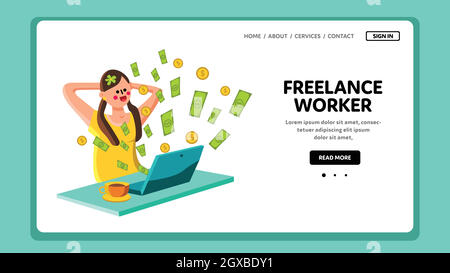 Freelance Worker Girl Working On Computer Vector Stock Vector