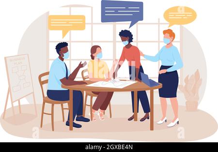 Team in masks at briefing 2D vector isolated illustration Stock Vector