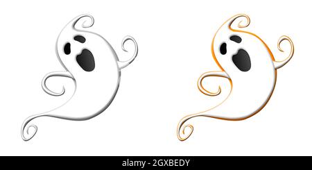 Spooky halloween ghost with scary face isolated on white background 3D illustration set.